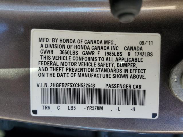 Photo 10 from auction – 2012 HONDA CIVIC LX with VIN 2HGFB2F5XCH522543