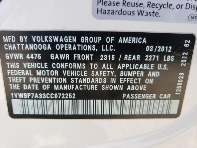 Photo 10 from auction – 2012 VOLKSWAGEN PASSAT SE with VIN 1VWBP7A33CC072252