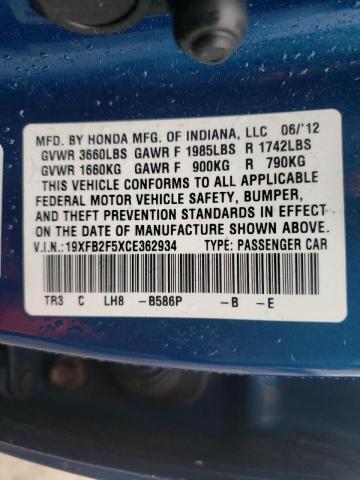 Photo 10 from auction – 2012 HONDA CIVIC LX with VIN 19XFB2F5XCE362934