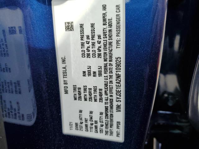 Photo 10 from auction – 2022 TESLA MODEL 3 with VIN 5YJ3E1EA2NF109025
