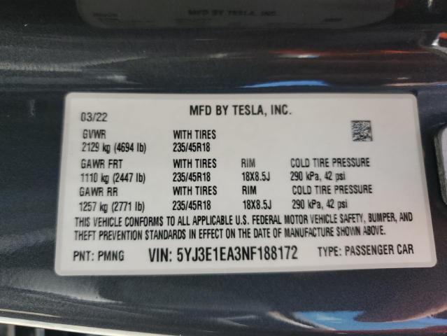 Photo 10 from auction – 2022 TESLA MODEL 3 with VIN 5YJ3E1EA3NF188172