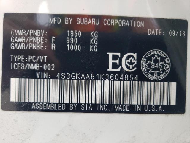 Photo 10 from auction – 2019 SUBARU IMPREZA with VIN 4S3GKAA61K3604854