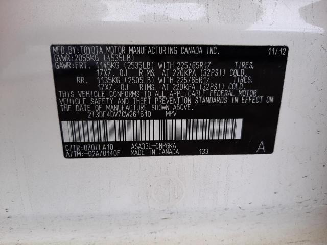 Photo 10 from auction – 2012 TOYOTA RAV4 LIMIT with VIN 2T3DF4DV7CW261610