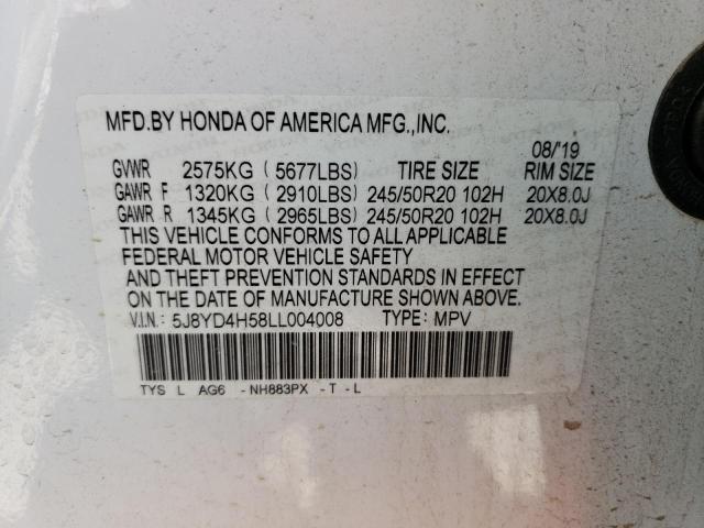 Photo 10 from auction – 2020 ACURA MDX TECHNO with VIN 5J8YD4H58LL004008