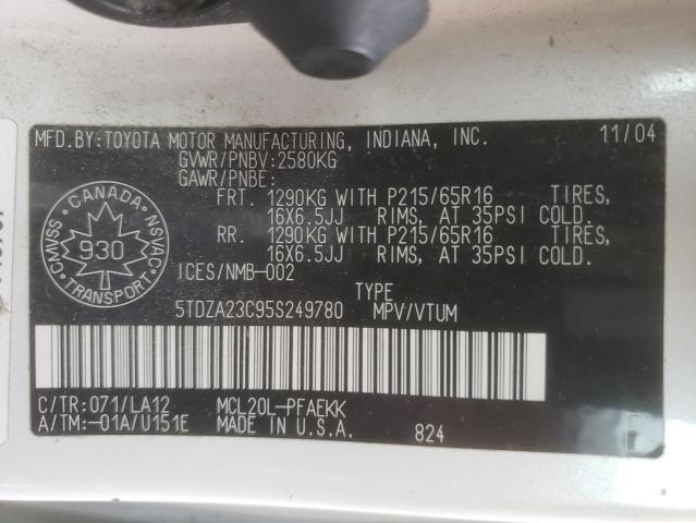 Photo 10 from auction – 2005 TOYOTA SIENNA CE with VIN 5TDZA23C95S249780
