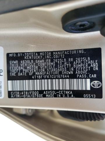 Photo 10 from auction – 2012 TOYOTA CAMRY BASE with VIN 4T1BF1FK1CU167644