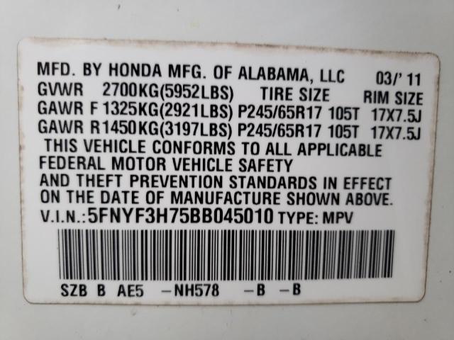 Photo 10 from auction – 2011 HONDA PILOT EXLN with VIN 5FNYF3H75BB045010