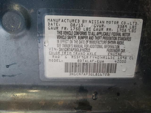 Photo 10 from auction – 2016 NISSAN VERSA S with VIN 3N1CN7AP3GL816722