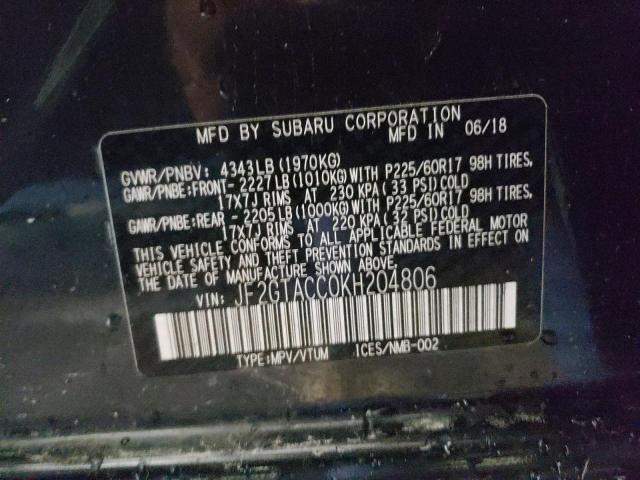 Photo 10 from auction – 2019 SUBARU CROSSTREK with VIN JF2GTACC0KH204806