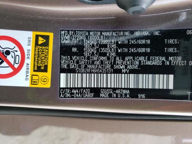Photo 10 from auction – 2017 TOYOTA HIGHLANDER with VIN 5TDBZRFH6HS435131