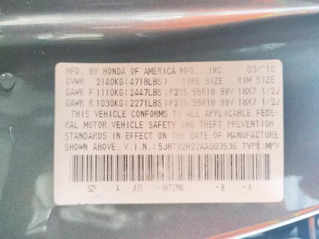 Photo 10 from auction – 2010 ACURA RDX with VIN 5J8TB2H22AA003536