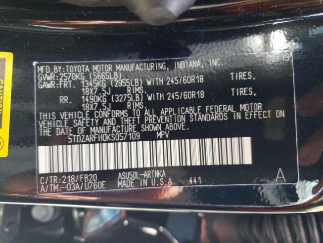 Photo 10 from auction – 2019 TOYOTA HIGHLANDER with VIN 5TDZARFH0KS057109
