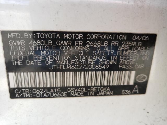 Photo 10 from auction – 2007 LEXUS ES 350 with VIN JTHBJ46G272008549