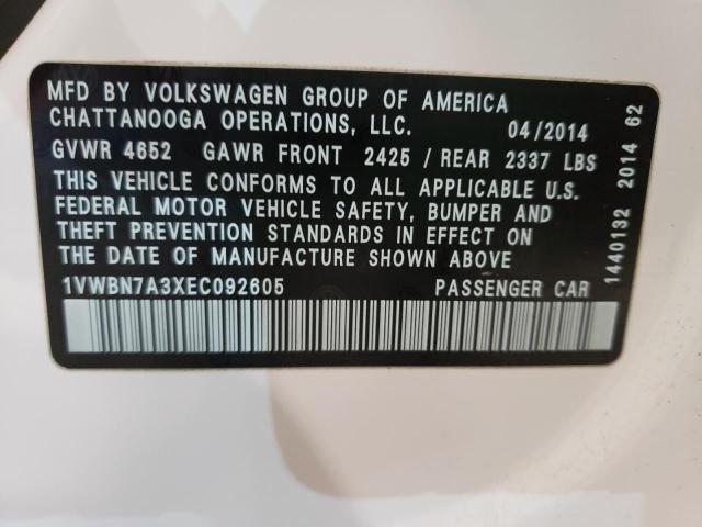 Photo 10 from auction – 2014 VOLKSWAGEN PASSAT SE with VIN 1VWBN7A3XEC092605