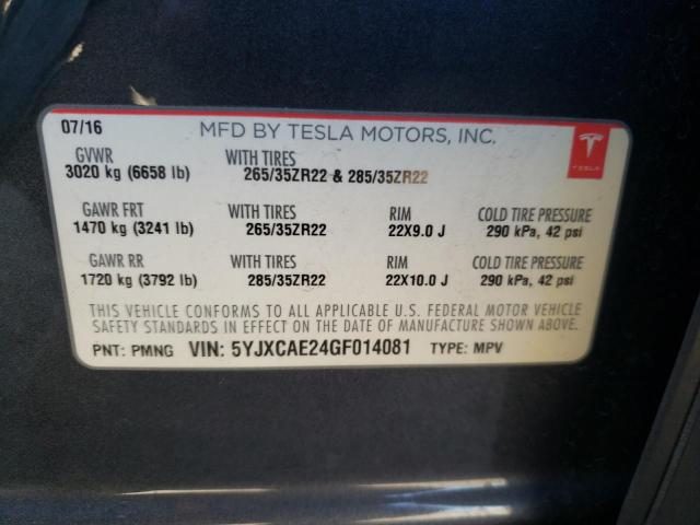 Photo 10 from auction – 2016 TESLA MODEL X with VIN 5YJXCAE24GF014081
