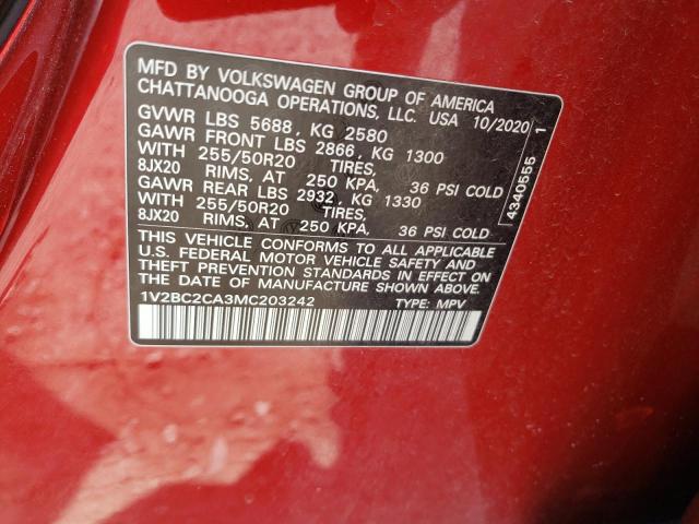 Photo 10 from auction – 2021 VOLKSWAGEN ATLAS CROS with VIN 1V2BC2CA3MC203242