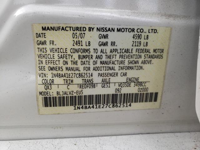 Photo 10 from auction – 2007 NISSAN MAXIMA SE with VIN 1N4BA41E27C862514