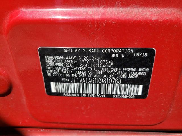 Photo 10 from auction – 2019 SUBARU WRX with VIN JF1VA1A61K9810768