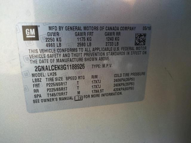 Photo 10 from auction – 2016 CHEVROLET EQUINOX LT with VIN 2GNALCEK8G1188926