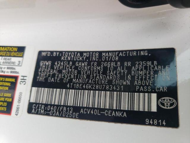 Photo 10 from auction – 2008 TOYOTA CAMRY with VIN 4T1BE46K28U783431