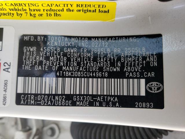 Photo 10 from auction – 2012 TOYOTA AVALON BAS with VIN 4T1BK3DB5CU449618