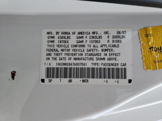 Photo 10 from auction – 2007 HONDA ACCORD EX with VIN 1HGCM82647A007041