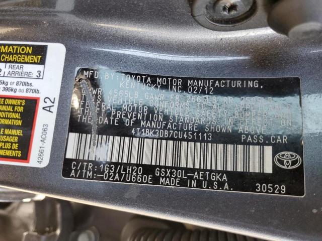Photo 10 from auction – 2012 TOYOTA AVALON BAS with VIN 4T1BK3DB7CU451113