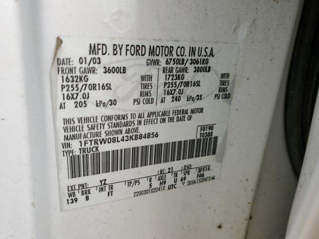 Photo 10 from auction – 2003 FORD F150 SUPER with VIN 1FTRW08L43KB84856