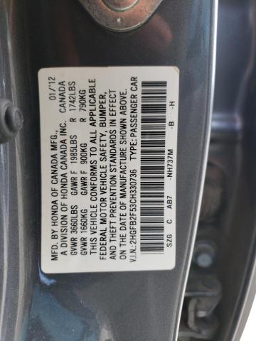 Photo 10 from auction – 2012 HONDA CIVIC LX with VIN 2HGFB2F53CH330736