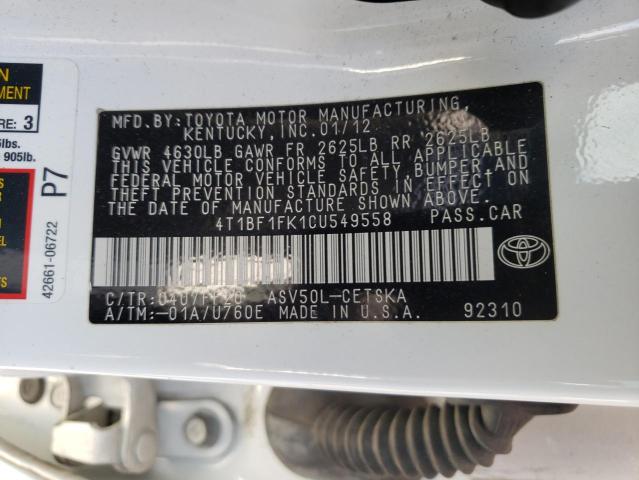 Photo 10 from auction – 2012 TOYOTA CAMRY BASE with VIN 4T1BF1FK1CU549558