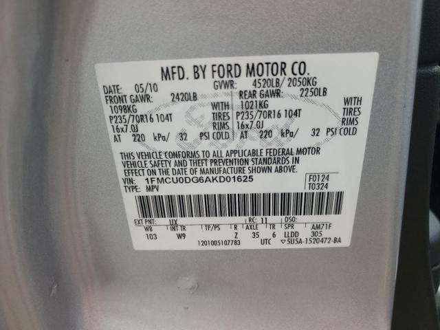 Photo 10 from auction – 2010 FORD ESCAPE XLT with VIN 1FMCU0DG6AKD01625