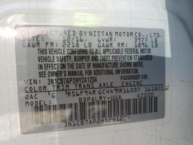 Photo 10 from auction – 2017 NISSAN SENTRA SR with VIN 3N1CB7AP2HY241204
