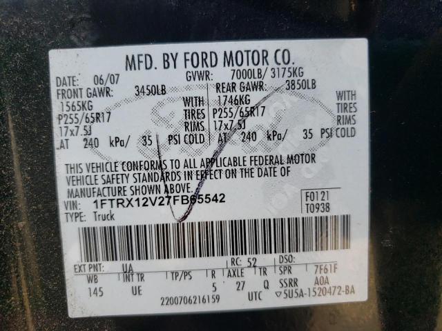 Photo 10 from auction – 2007 FORD F150 with VIN 1FTRX12V27FB65542