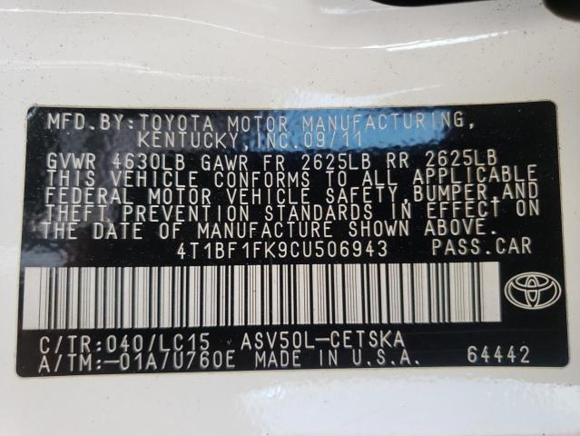 Photo 10 from auction – 2012 TOYOTA CAMRY BASE with VIN 4T1BF1FK9CU506943