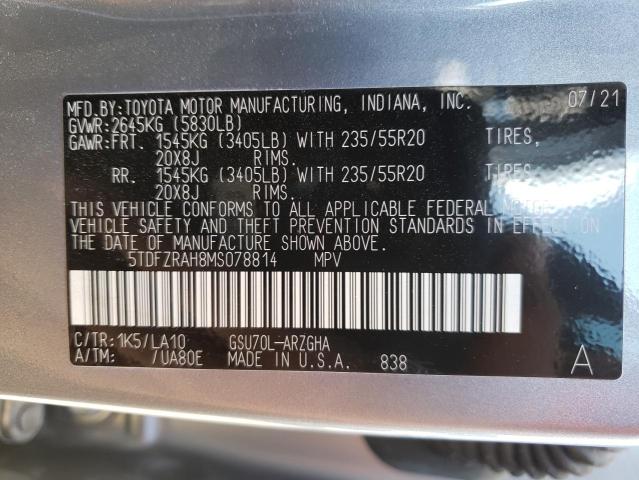 Photo 10 from auction – 2021 TOYOTA HIGHLANDER with VIN 5TDFZRAH8MS078814