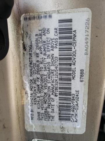 Photo 10 from auction – 2002 TOYOTA CAMRY LE with VIN 4T1BE32K12U540703