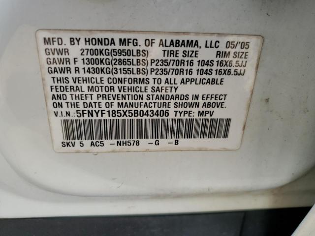 Photo 10 from auction – 2005 HONDA PILOT EXL with VIN 5FNYF185X5B043406