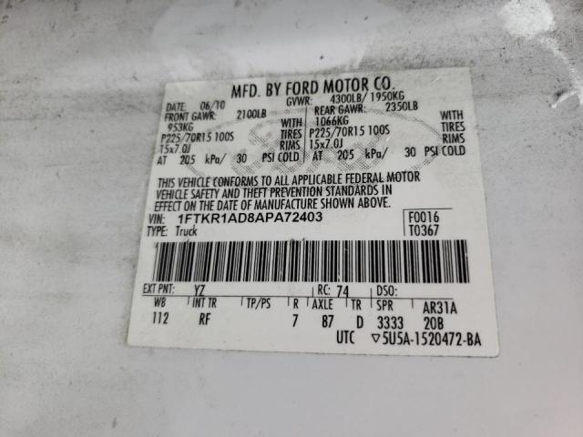 Photo 10 from auction – 2010 FORD RANGER with VIN 1FTKR1AD8APA72403