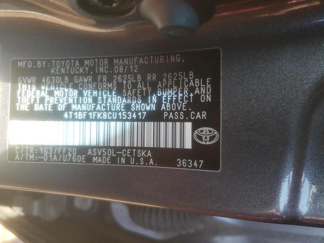 Photo 10 from auction – 2012 TOYOTA CAMRY BASE with VIN 4T1BF1FK8CU153417