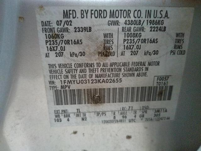 Photo 10 from auction – 2003 FORD ESCAPE XLT with VIN 1FMYU03123KA02655