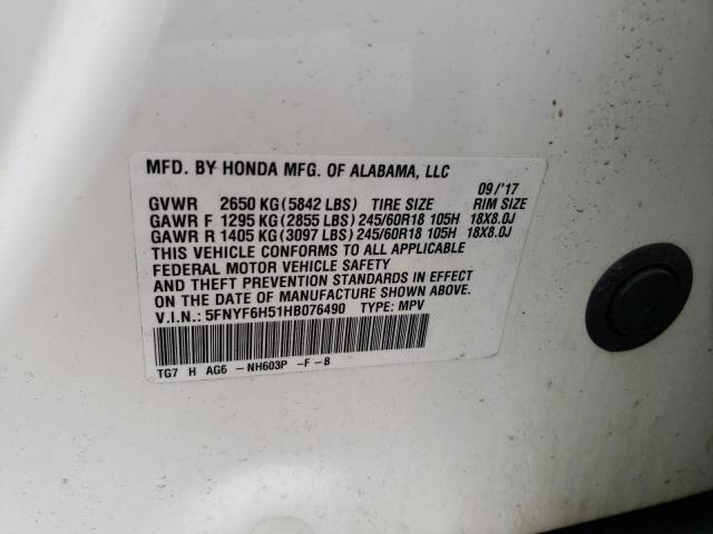 Photo 10 from auction – 2017 HONDA PILOT EXL with VIN 5FNYF6H51HB076490