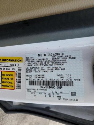 Photo 10 from auction – 2016 FORD FUSION SE with VIN 3FA6P0LUXGR315019