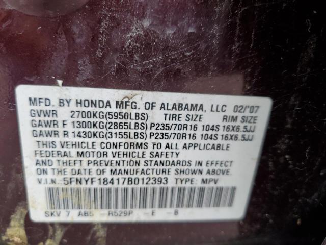 Photo 10 from auction – 2007 HONDA PILOT EX with VIN 5FNYF18417B012393
