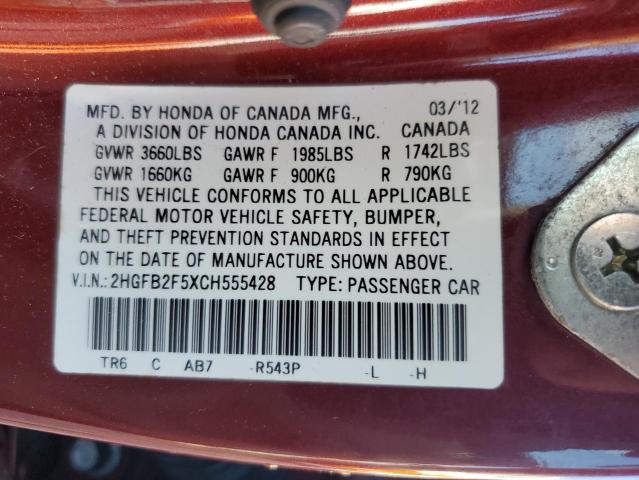 Photo 10 from auction – 2012 HONDA CIVIC LX with VIN 2HGFB2F5XCH555428