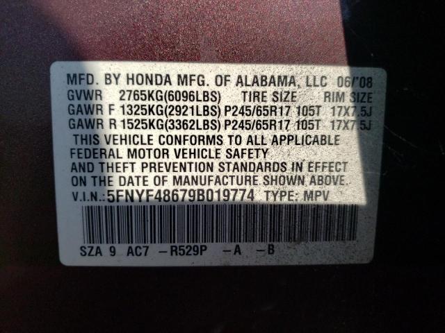 Photo 10 from auction – 2009 HONDA PILOT EXL with VIN 5FNYF48679B019774