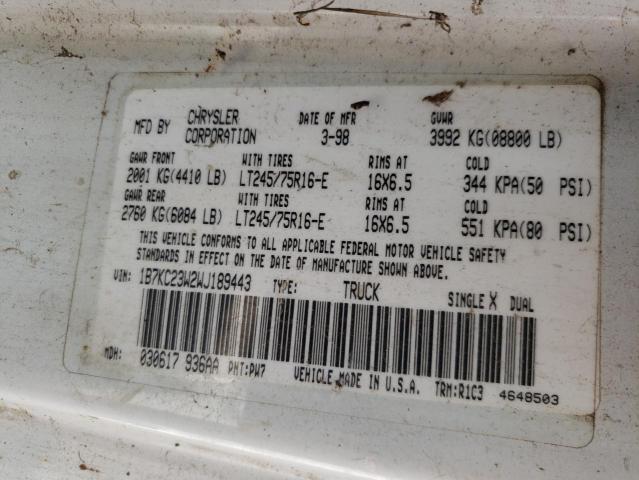 Photo 10 from auction – 1998 DODGE RAM 2500 with VIN 1B7KC23W2WJ189443