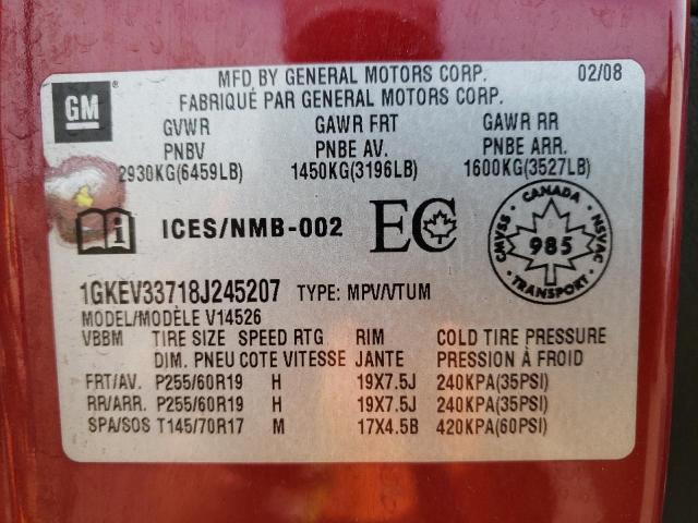Photo 10 from auction – 2008 GMC ACADIA SLT with VIN 1GKEV33718J245207