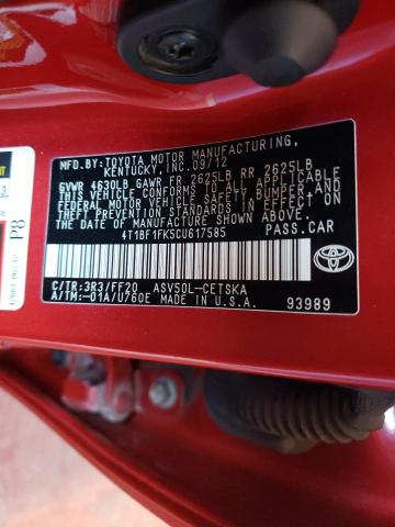 Photo 10 from auction – 2012 TOYOTA CAMRY BASE with VIN 4T1BF1FK5CU617585