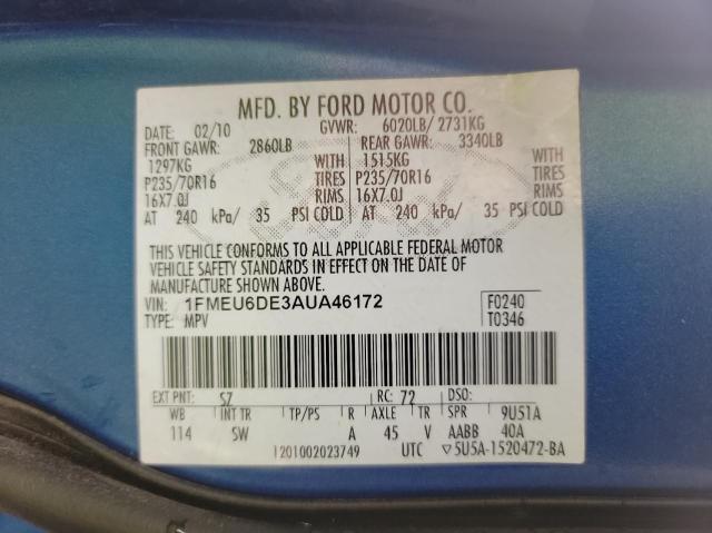 Photo 10 from auction – 2010 FORD EXPLORER X with VIN 1FMEU6DE3AUA46172