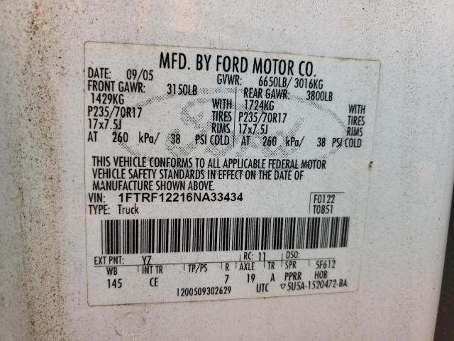 Photo 10 from auction – 2006 FORD F150 with VIN 1FTRF12216NA33434